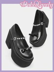 Dola Lovely Women's Black High Heel Thick Platform Mary Jane Shoes, Fashionable Thick Sole Autumn Footwear Spring Shoes - Black - View 2