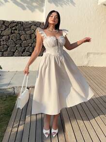 Sunnyshic Plus Size Women Elegant Cream Woven Bodycon Camisole Dress With Short Cap Sleeves, Tie Neck, Midi Length - Apricot - View 1