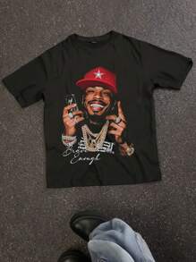 Slaydiva Casual Street Hip Hop Black Silhouette Graphic Loose Crew Neck Short Sleeve Women T-Shirt - Black - View 1