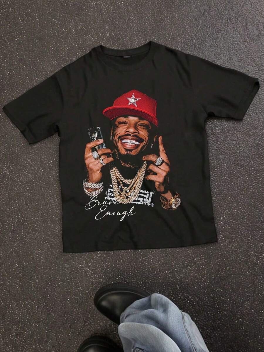 Slaydiva Casual Street Hip Hop Black Silhouette Graphic Loose Crew Neck Short Sleeve Women T-Shirt - Black - View 1