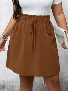 SHEIN LUNE 加大码弹力腰荷叶边口袋裙 - 棕色 - 查看 5