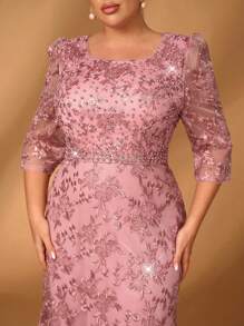 Serin 大码优雅浪漫串珠水晶点缀蕾丝美人鱼晚礼服，海军蓝，正式活动，婚礼宾客礼服，新娘母亲礼服 - 藕粉色 - 查看 1