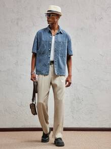 AKNOTIC Business Casual Men Loose Fit Letter Embossed Middle Sleeve Casual Denim Jacket, Suitable For Summer - Blue - View 6