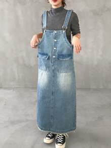 FRIFUL Đầm yếm denim thường ngày cho nữ mùa hè - Rửa trung bình - Xem 3