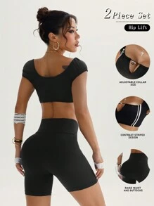 SHEIN Sport Studio 2 Pieces Set: Contrast Color Elastic Off Shoulder Top And Regular Fitted Workout Shorts