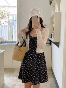 DAZY 2 Pieces Women Casual Ditsy Floral Cami And Long Sleeve Top Set Vacation Outfits Women Cruise Outfit For Women - Blue - View 6