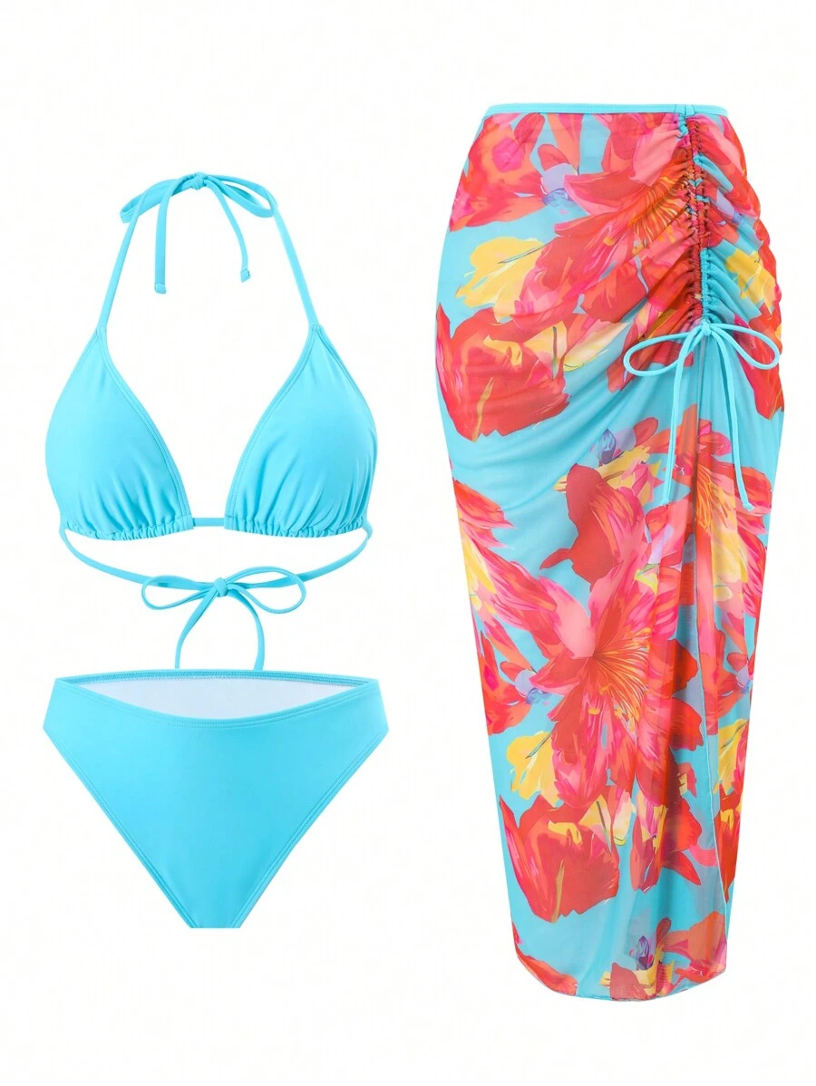 Swim Oasis Springbreak 3 件套纯色花卉印花泳衣套装，女士高级修身海滩度假泳衣 - 藍色 - 查看 1