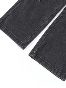 SHEIN Tween Girls' Y2K Streetwear Style Multi-Pocket Drawstring Waist Faded Light Blue Cargo Denim Jeans - Black - View 4