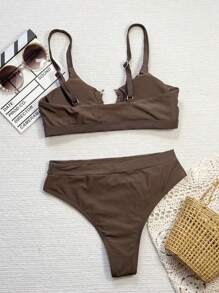 SHEIN Swim 女士纯色环连性感比基尼泳装比基尼套装，适合夏季海滩度假 - 咖啡棕 - 查看 2