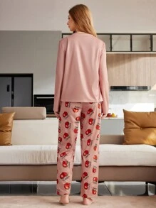 Women's Casual Fashion Strawberry Print Long Sleeve Pajama Set - Pink - View 8