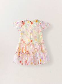SHEIN Young Girls' Elegant Watercolor Floral Patchwork White Net Yarn Ruffle Hem Casual Vacation Dresses,Occassion,Wedding - White - View 2