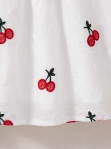 SHEIN Vintaside Kids 少女正式樱桃刺绣碎花圆领露背荷叶袖宽松无袖连衣裙，甜美简约，夏季 - 白色 - 查看 3