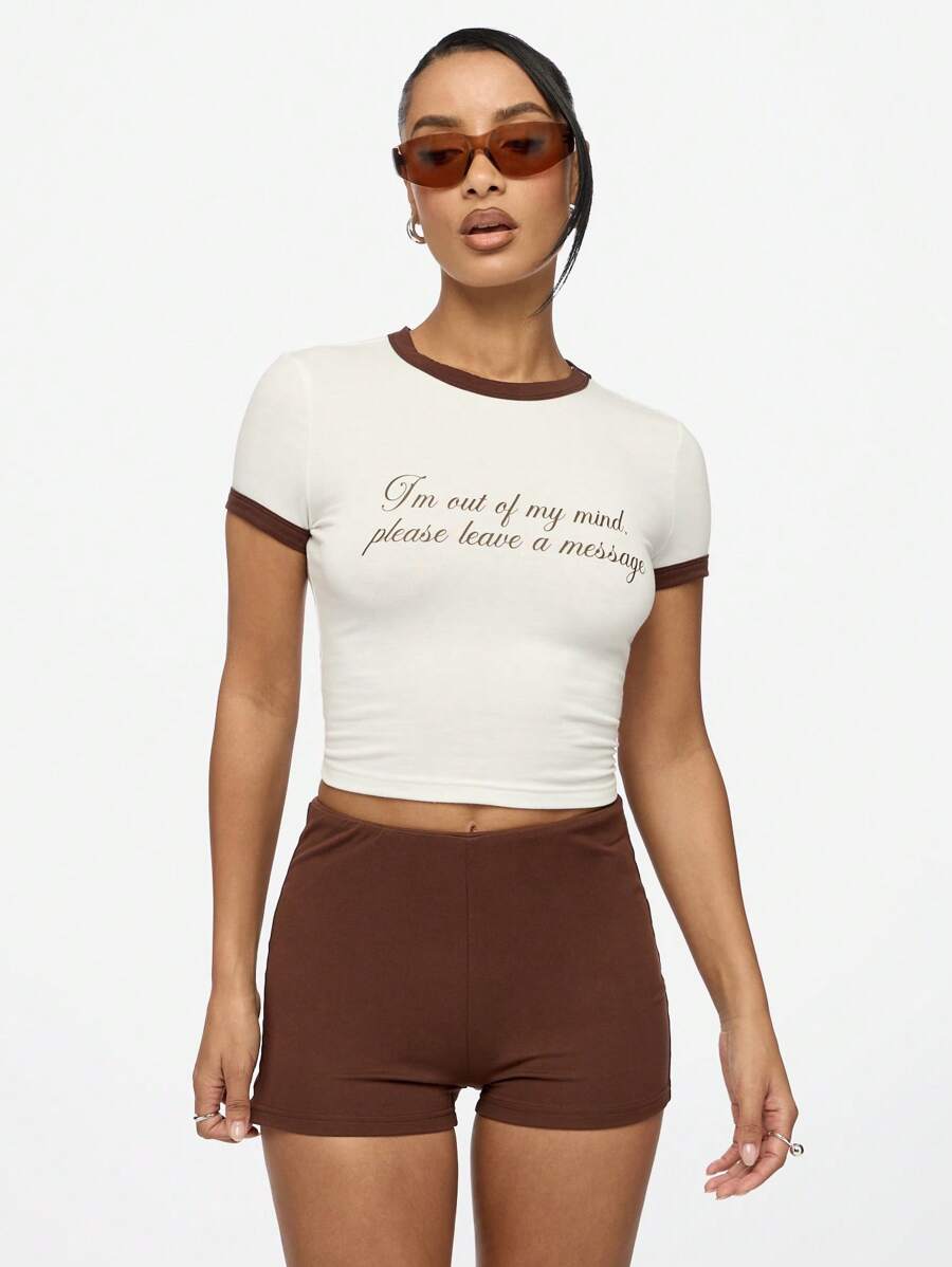 SUMWON WOMEN 复古风格 Ringer Baby T 恤短款上衣 Y2K 时尚宣言信息印花短袖修身夏季休闲街头风 T 恤 - 白色 - 查看 1