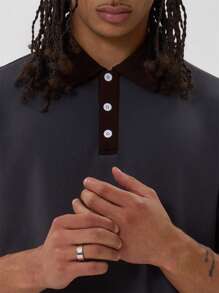 Musero Short Sleeve Drop Shoulder Oversized Contrast Button Placket And Collar Detail Button Up Polo Winter Layering - Multicolor - View 4