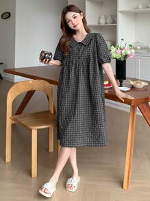 DAZY 女士可爱格子荷叶边领泡泡袖睡袍，休闲睡衣