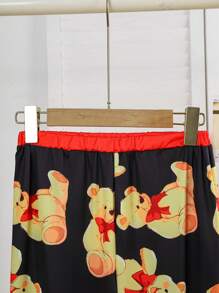 Tween Girl Bear Print Long Sleeve Round Neck Casual Top And Pants Pajama Set, For Christmas