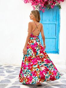 Vivid Eden 编织浪漫花卉印花交叉露背 V 领细肩带女式连衣裙，夏季服装，情人节，女士度假服装，女士沙滩装，节日，浪漫，波西米亚风，波西米亚风，甜美，狂欢节服装，热带度假女装，狂欢节，太阳裙