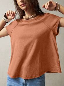 Bohemela Áo thun cổ tròn tay ngắn cho nữ, trang phục thường ngày và đi nghỉ - trái cam - Xem 4