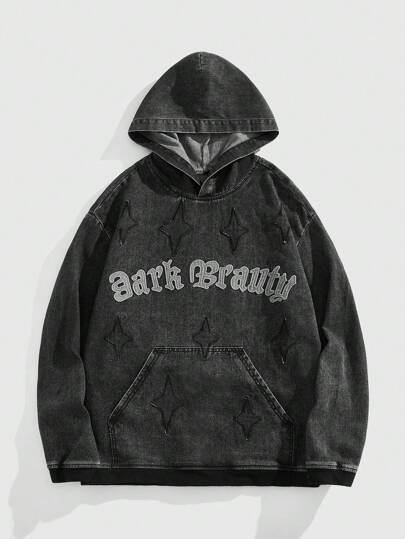 Grunge Punk Herren Denim Jacke mit Kapuze, langen Ärmeln, Tasche mit Aufdruck und Lässig-Style