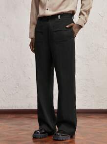 AKNOTIC Business Casual Men's Woven Mid-Waist Straight Leg Casual Pants - Black - View 1