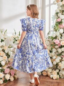 SHEIN Tween Girl Elegant Floral Print Ruffle Hem Short Sleeve Dress - Multicolor - View 2