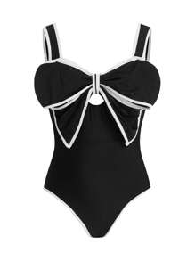 Swim Mod 1 件女士优雅黑白饰边蝴蝶结细节连体泳衣，适合夏季海滩度假 - 黑與白 - 查看 1