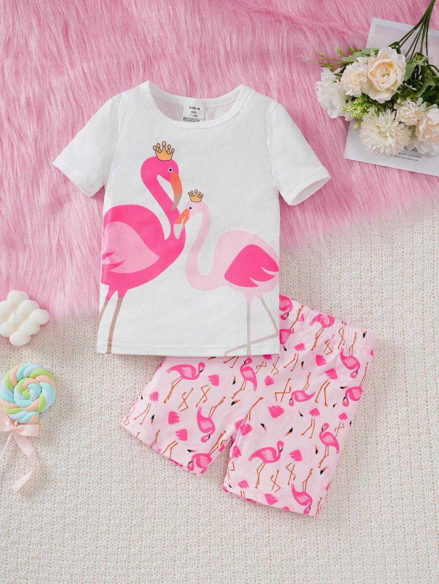 2pcs Baby/Baby Girl White Beautiful Flamingo Print Short Sleeve Top And Shorts Tight Pajamas Sleepwear Set - White - View 1