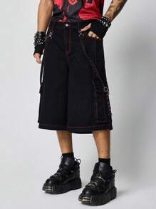 ROMWE MEN Grunge Punk Men's Punk Striped Cargo Pocket Wide Leg 3/4 Jeans Pants - Black - View 5