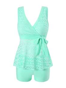 Swim Lushoire 2pcs Spring Break Mature Solid Color Swimwear For Women, V-Neck Hollow Out Side Bowknot Bikini Sets With Tank Top, Casual Vacation Beach Outfit For Summer - Mint Green - View 5