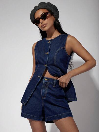 COSMINA Women's Single-Breasted Denim Vest And Shorts Casual Suit, Old Money, Vintage, Fall Women Clothes