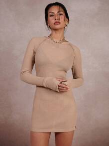 COSMINA Modest Women's Solid Color Round Neck Raglan Sleeve Mini Dress