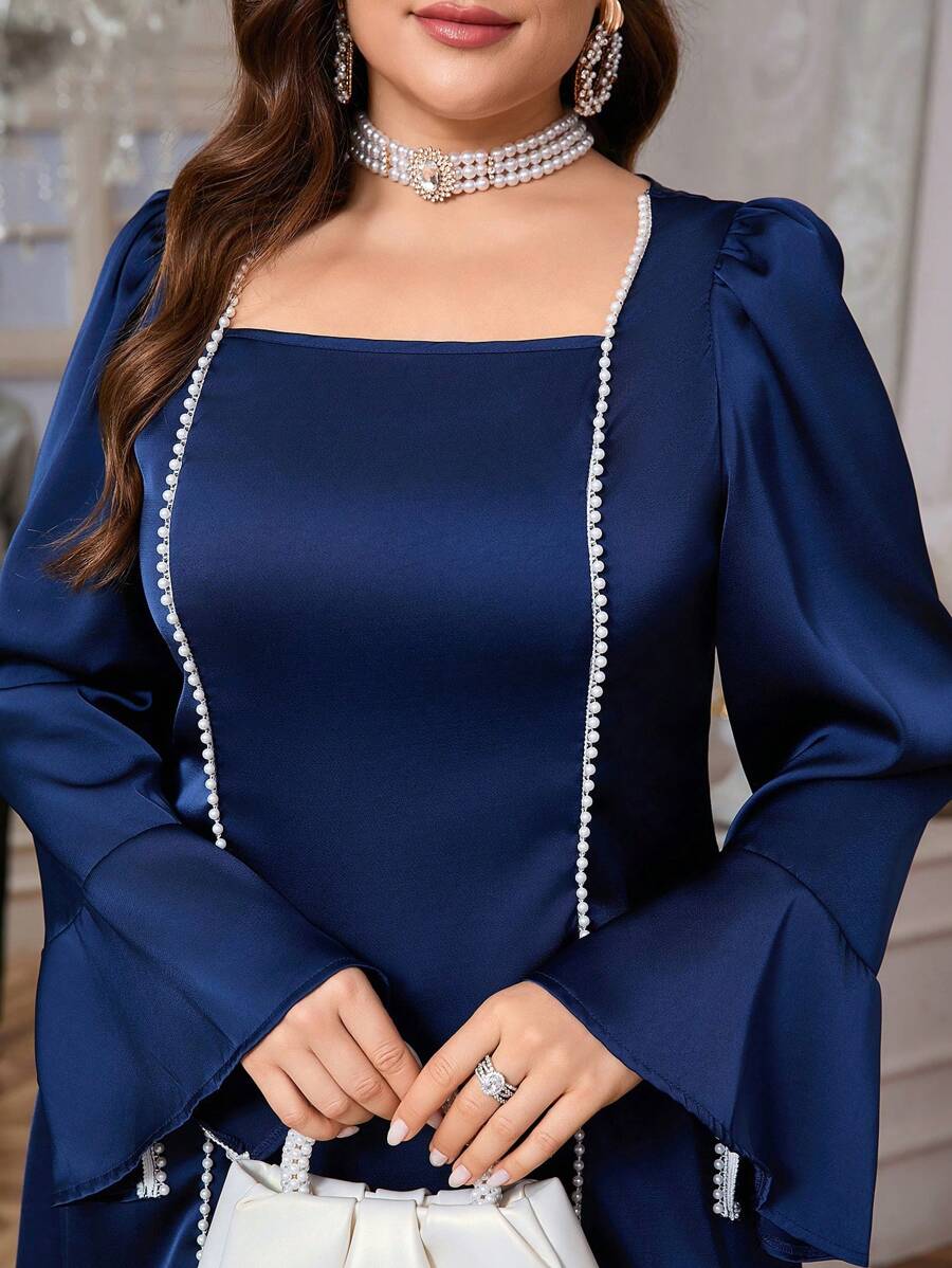SHEIN Privé 大码女式方领长袖超长连衣裙，带珍珠装饰，适合派对和宴会 - 藏蓝色 - 查看 1