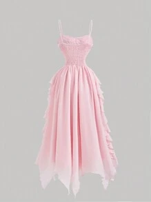 SHEIN MOD 淡粉色梦幻浪漫连衣裙，带有分层荷叶边下摆、蝴蝶结装饰和 3D 花卉装饰，适合情人节、约会、派对、节日、茶会、婚礼和生日场合、情人节服装、女士度假服装、女士夏季服装、女士沙滩服装、狂欢节、情人节礼服、狂欢节服装 - 粉色 - 查看 2