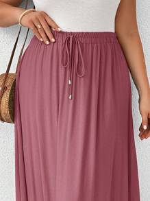 SHEIN LUNE 大码女式夏季纯色高腰系带长款休闲裙，西式服装女士节日波西米亚风嬉皮女牛仔老钱波西米亚风 - 藕粉色 - 查看 3