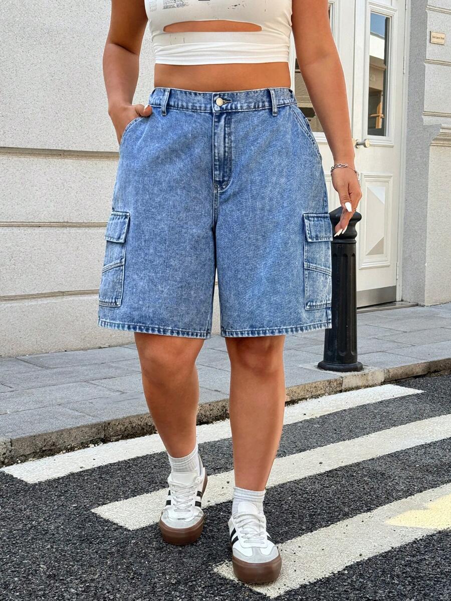 SHEIN EZwear 大码破洞阔腿牛仔短裤