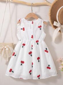 SHEIN Vintaside Kids 少女正式樱桃刺绣碎花圆领露背荷叶袖宽松无袖连衣裙，甜美简约，夏季 - 白色 - 查看 8