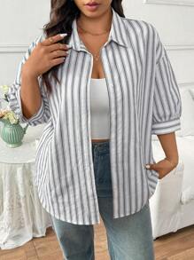 SHEIN Frenchy Plus Size Casual Loose Striped Shirt, Spring/Summer - Black and White - View 4