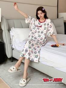 DAZY TOM AND JERRY X DAZY Cartoon Pattern Polka Dot Letter Logo Allover Print Contrast Color Design Ruffle Loose T-Shirt Style Nightgown