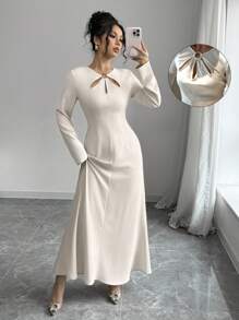 SHEIN Essnce Women Long Satin Dress, Metal Clasp Hollow-Out Dress, Long Sleeve Dress,Spring - Beige - View 1