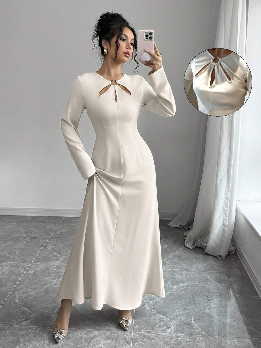 SHEIN Essnce Women Long Satin Dress, Metal Clasp Hollow-Out Dress, Long Sleeve Dress,Spring - Beige - View 1