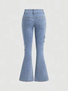 SHEIN EZwear 女式蓝色牛仔喇叭牛仔裤，休闲紧身弹力，春季女装 - 藍色 - 查看 2