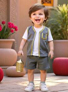 SHEIN 3pcs/Set Baby Boy Casual Luxurious Round Neck T-Shirt, Vest And Shorts Set, Suitable For Spring And Summer - Grey - View 6