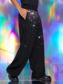 FeverCity Men's Rhinestone Embellished Loose Woven Long Suit Pants - Black - View 2