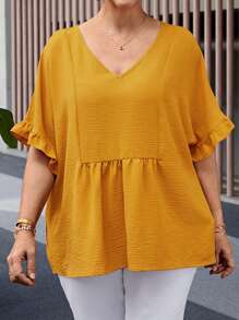 EMERY ROSE Plus Size Summer Yellow V-Neck Short Sleeve Ruched Boho Shirts Women,Summer Outfits For Women,Vacation Outfits Woman,Summer Shirts,Casual Everyday Wear,St Patrick Day Shirt - Yellow - View 4