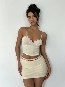 Aloruh Women's Bow Decoration Slim Camisole,Red And White Summer Cute Date Night Cropped Tops,Y2k Elegant Off The Shoulder Valentine's Day - Yellow - View 7