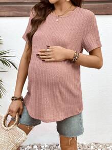 SHEIN Maternity Solid Color Round Neck Short Sleeve Casual T-Shirt - Pink - View 4
