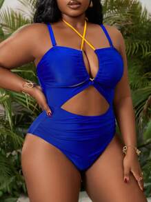 SHEIN Swim Curve Plus Size Women Blue & Yellow Contrast Color Hollow Out Drawstring One-Piece Swimsuit, Casual & Suitable For Holiday, For Summer Beach Vacation - Multicolor - View 3