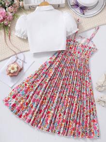 2 件套青少年女孩衬衫和碎花褶皱乡村风格连衣裙，夏季、假日、夏季、旅行 - 紅色 - 查看 2