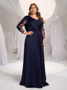 SHEIN Belle Vestido largo de noche elegante, lujoso y vintage con manga larga, cuello en V con aplicaciones, plisado y ajustado para tallas grandes - Vestido de fiesta, para invitada de boda, vestido de noche
