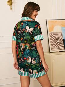 Chillnights 2pcs/Set Women Animal Forest Pattern Contrast Color Button Front Pajama Sets - Multicolor - View 3